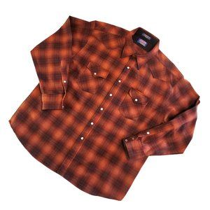 Vintage PENDLETON Big Size Men's Wool Shirt Rust Brown Plaid Snap Front XXL